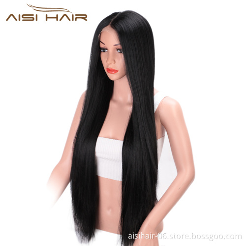 Aisi Hair Cheap 13x4 Long Silky Straight Lace Front Black Wigs Heat Resistant Synthetic Fiber Wig  Middle Part Wigs for Women
